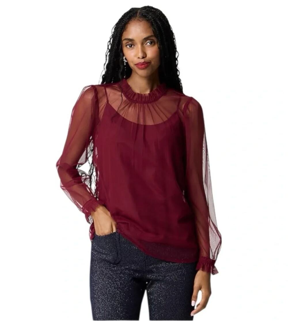 NWT J. Crew Tulle Ruffleneck Top in Vintage Burgundy CP904 Size S